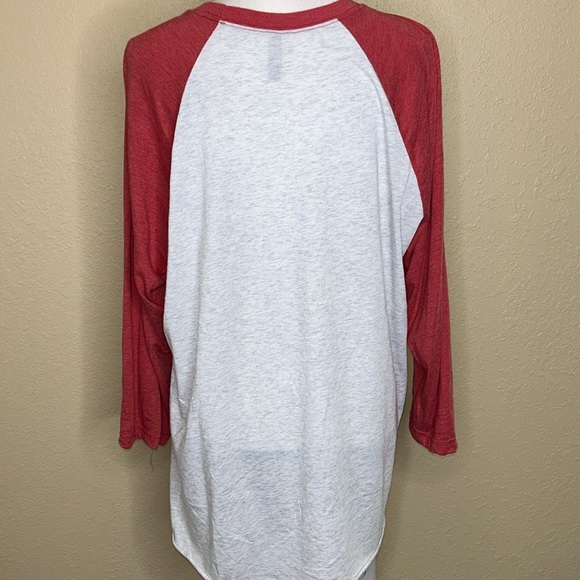 JESUS POSH & DONUTS HEATHER GRAY WITH RED SLEEVES RAGLAN TEE SHIRT TOP SPARKLE - Picture 5 of 9